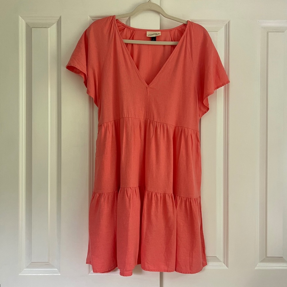 Universal Thread Coral Linen Blend Tiered V-Neck Coastal Cottage Mini Dress S - Picture 2 of 8
